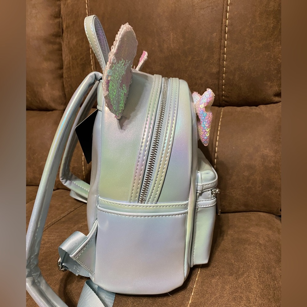 NWT- Loungefly Iridescent Blue Backpack with Sequins ears and bow - Picture 5 of 6